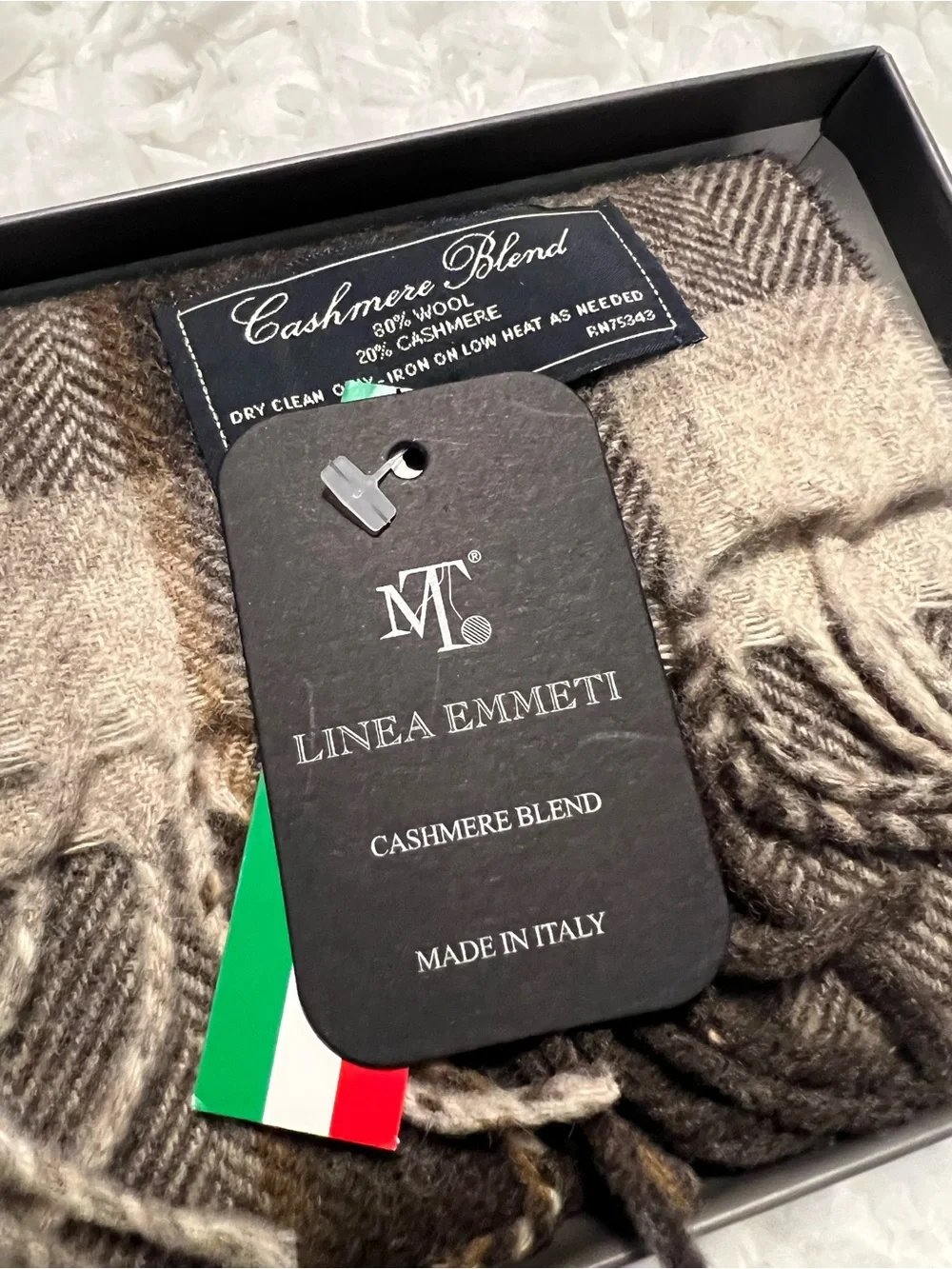 Linea Emmeti Cashmere Wool Blend Scarf Brown Men’s 12” X 71” Made in Italy